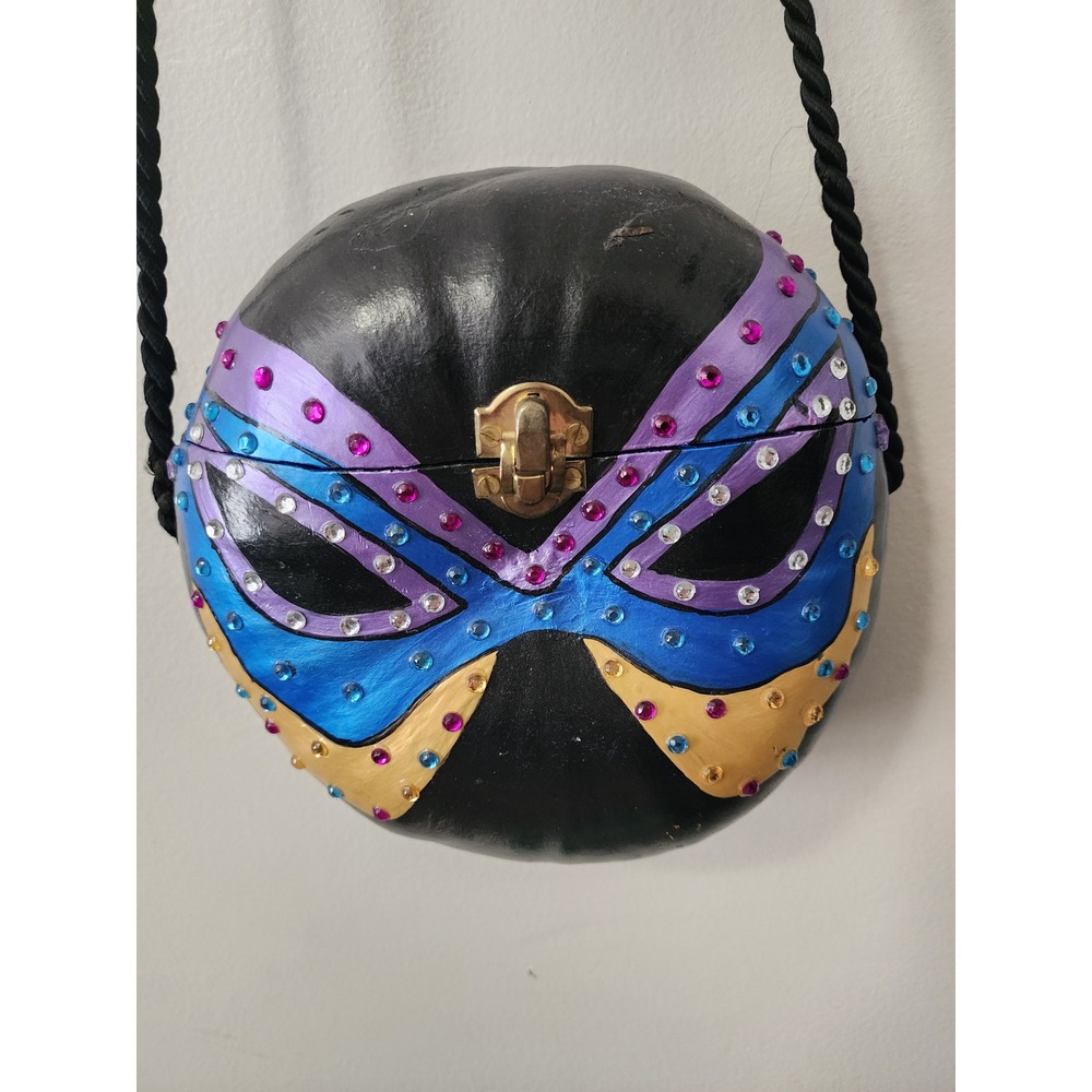 Vintage 2007 Hand Painted Gourd Purse Mardi Gras Masquerade Rhinestone Folk Art